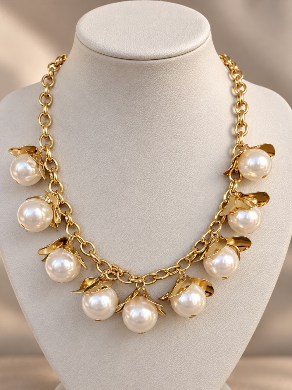 Gold Chain Necklace with Pearl Droplets - Women Jewelry